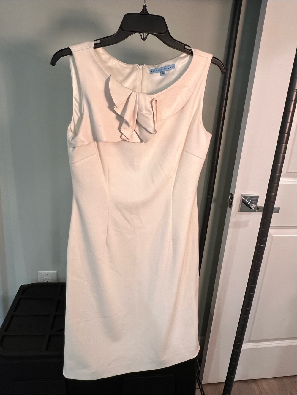 ANTONIO MELANI Cream Sleeveless Sheath Dress with Neck Ruffle